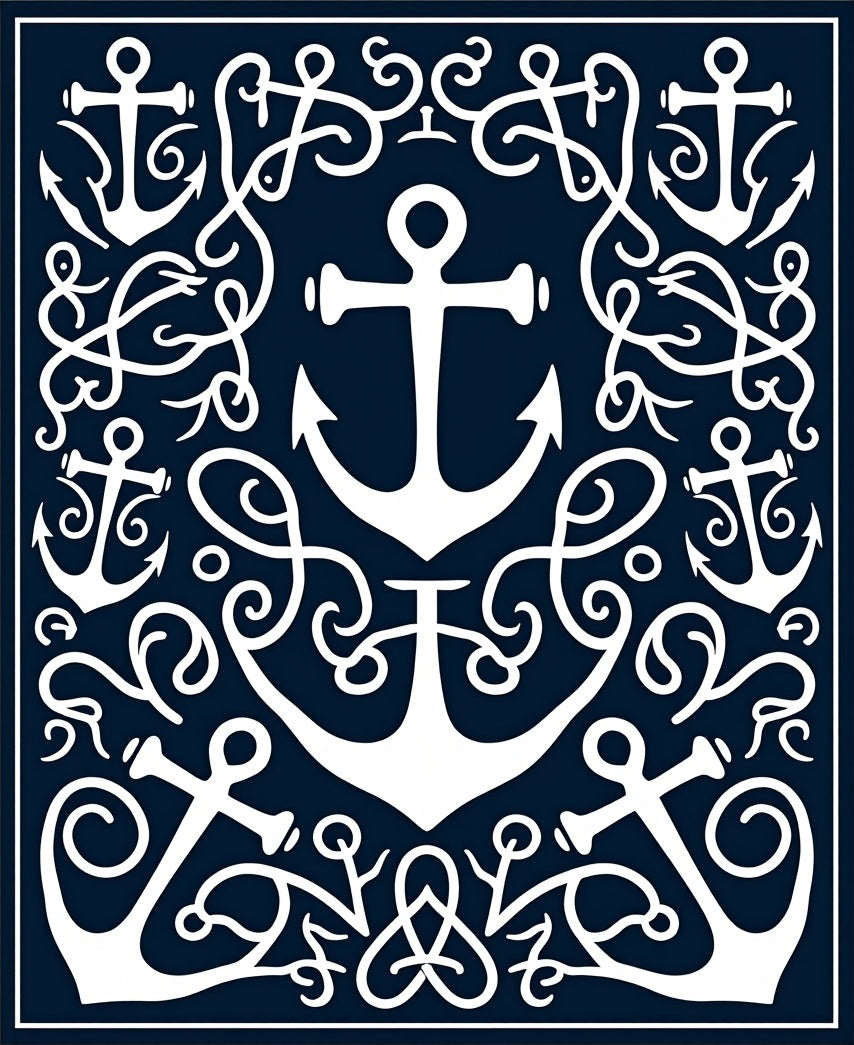 Navy White Anchor Swirl Maritime Art Rug