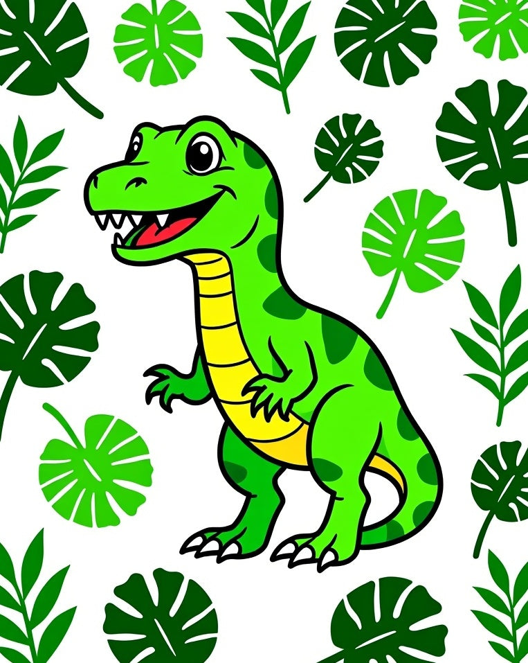 Happy Green Dinosaur Jungle Leaves Rug