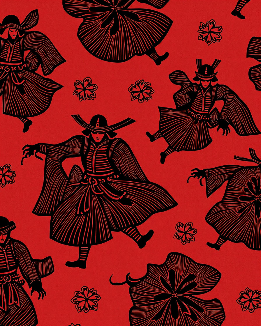 Red Samurai Figure Floral Medley Rug