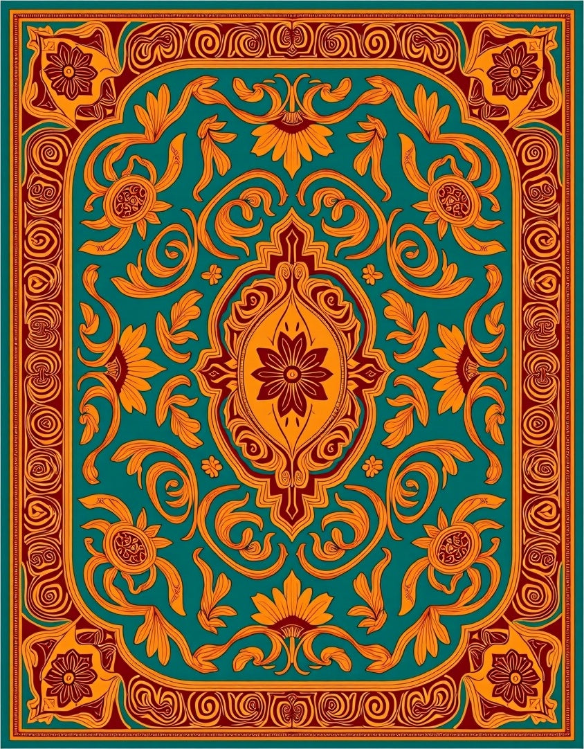 Teal Orange Red Floral Medallion Rug