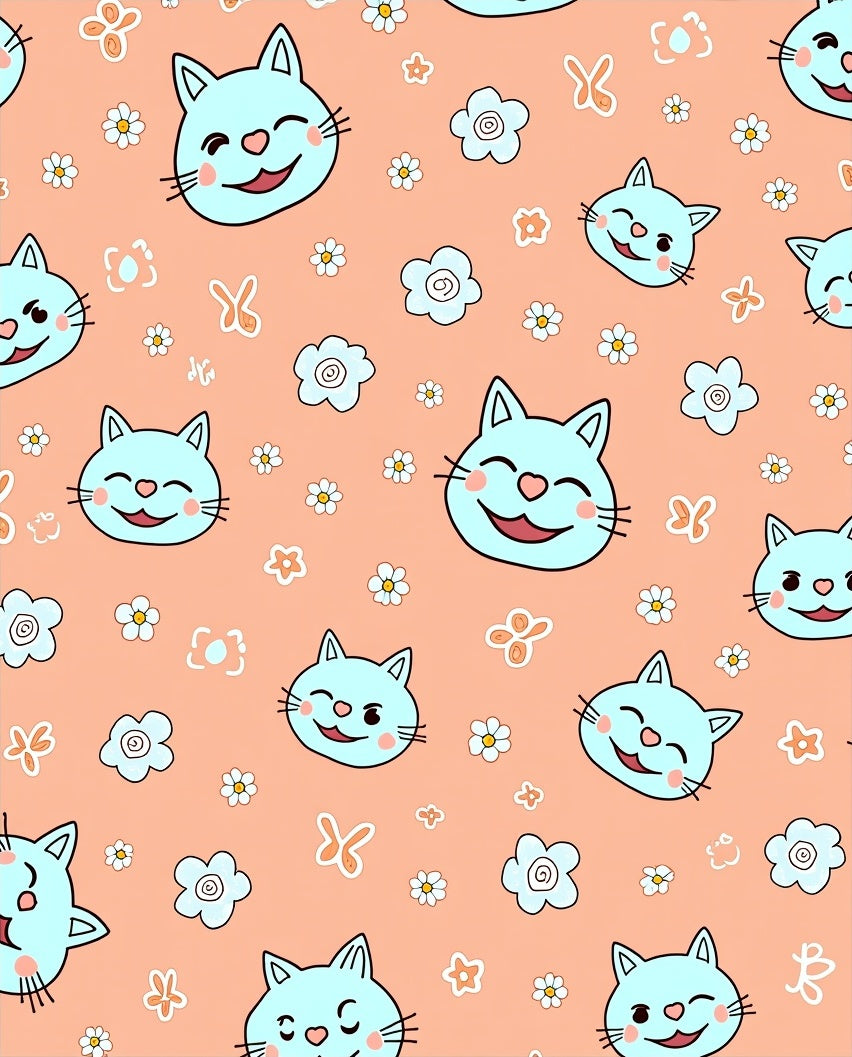 Light Orange Kawaii Cat Flower Meadow Rug
