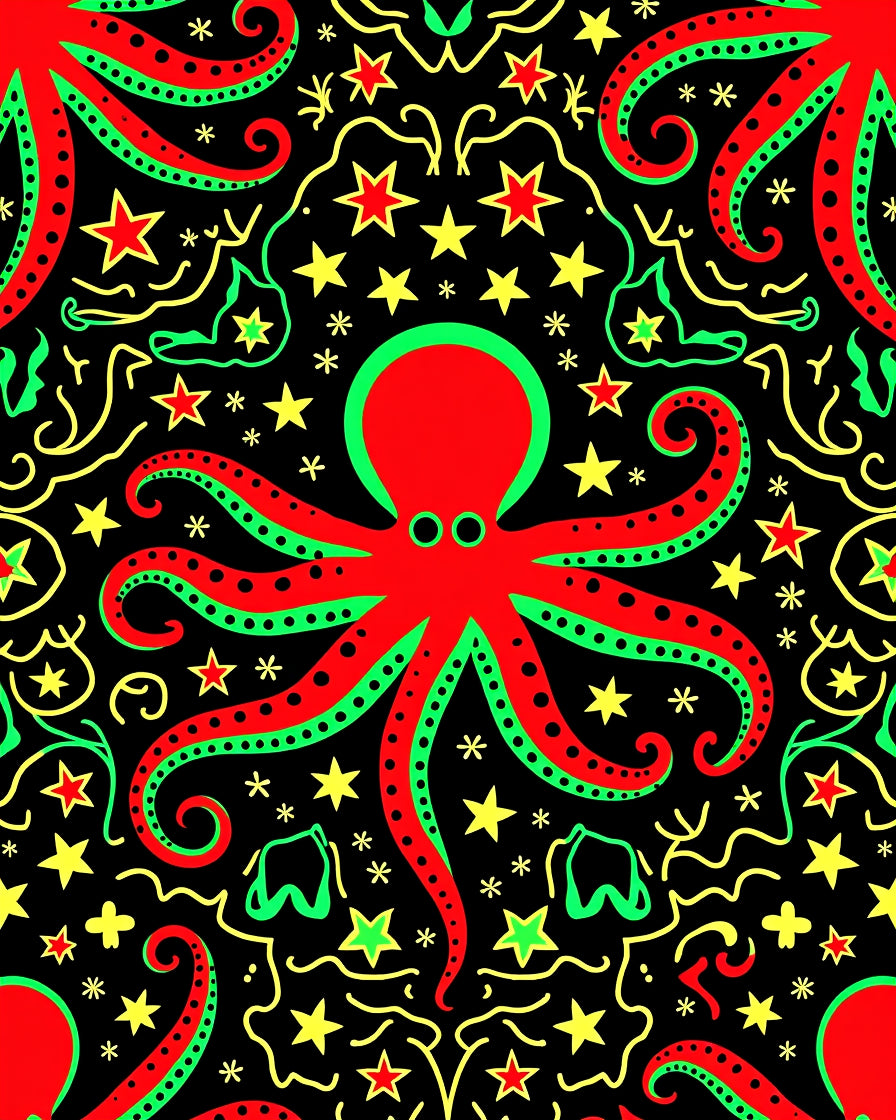 Red Green Octopus Star Field Rug
