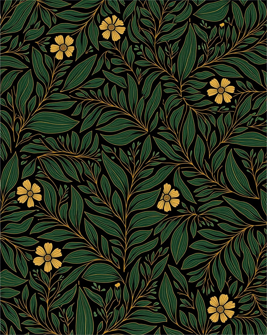 Dark Emerald Yellow Floral Vine Rug