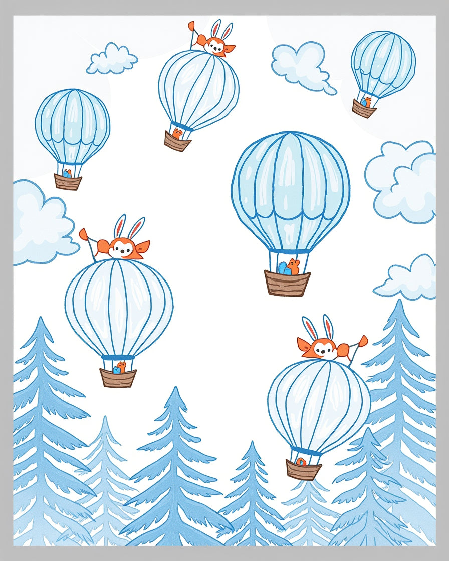 Whimsical Blue Hot Air Balloon Forest Friends Rug