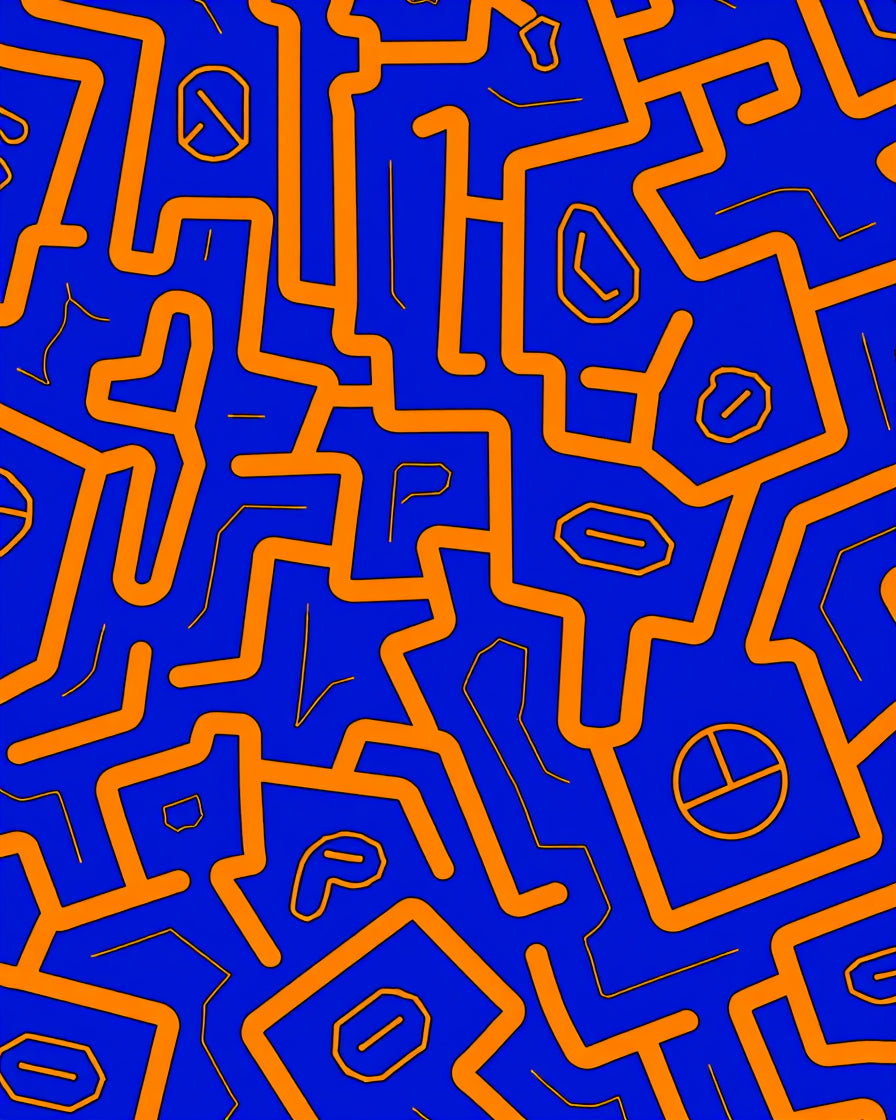 Abstract Orange Maze Blue Rug