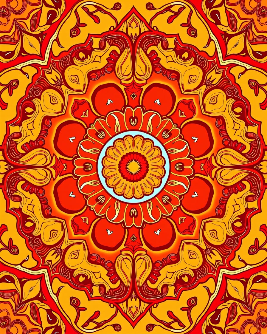 Vibrant Red Orange Sunburst Mandala Rug