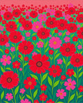 Vibrant Red Pink Floral Field Rug