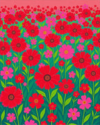 Vibrant Red Pink Floral Field Rug