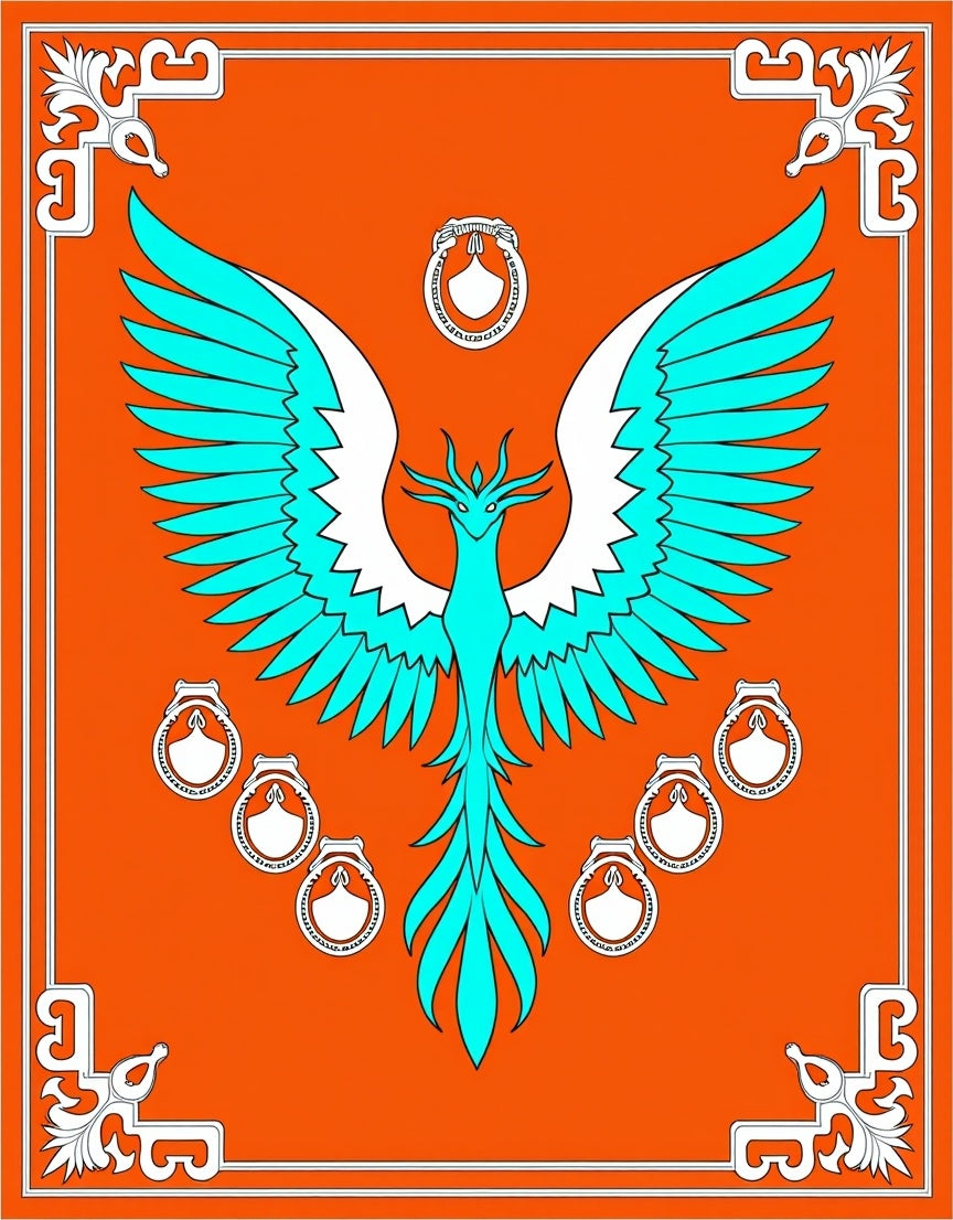 Orange Teal Phoenix Heraldic Rug