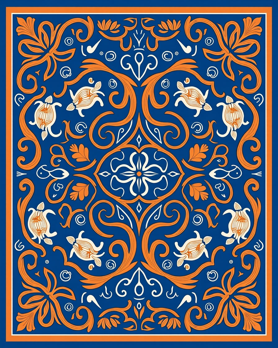 Ornate Sea Turtle Floral Blue Orange Rug