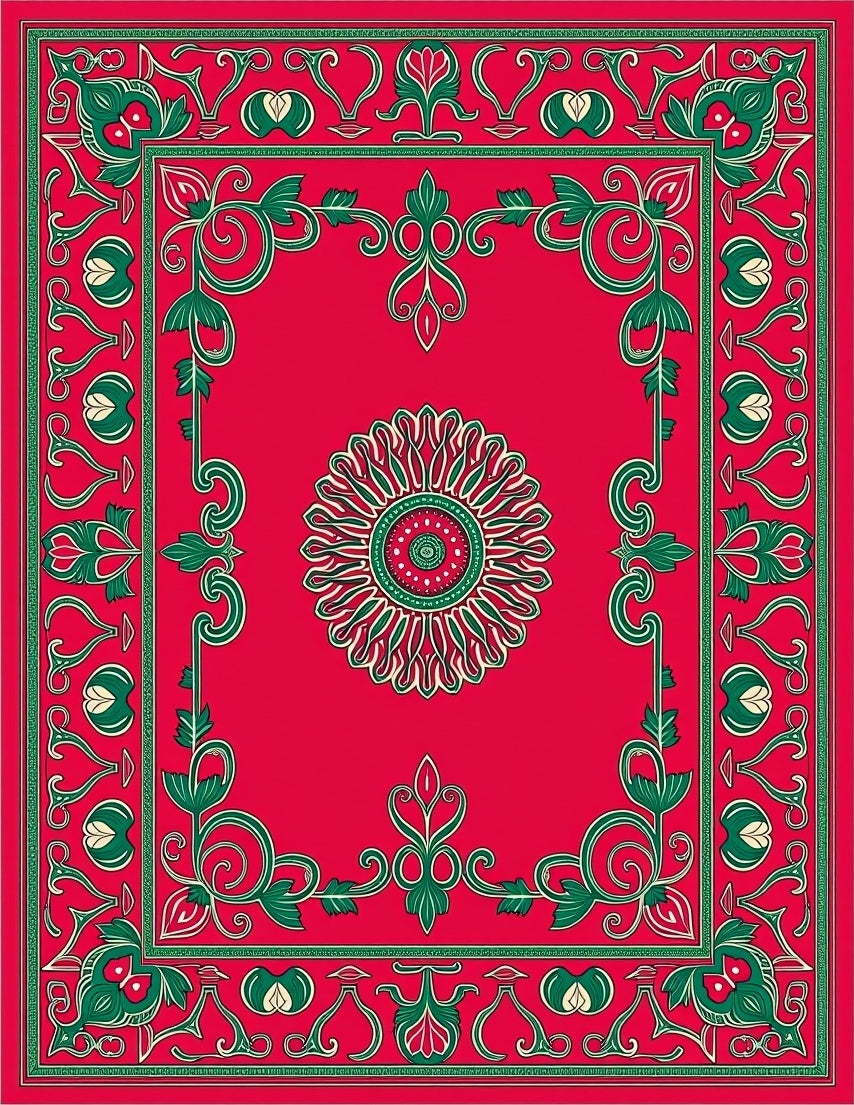 Crimson Green Ornamental Medallion Border Rug