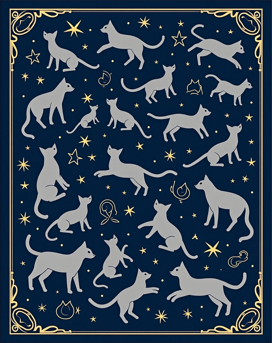 Navy Blue Silhouettes Whimsical Cats Stars Rug