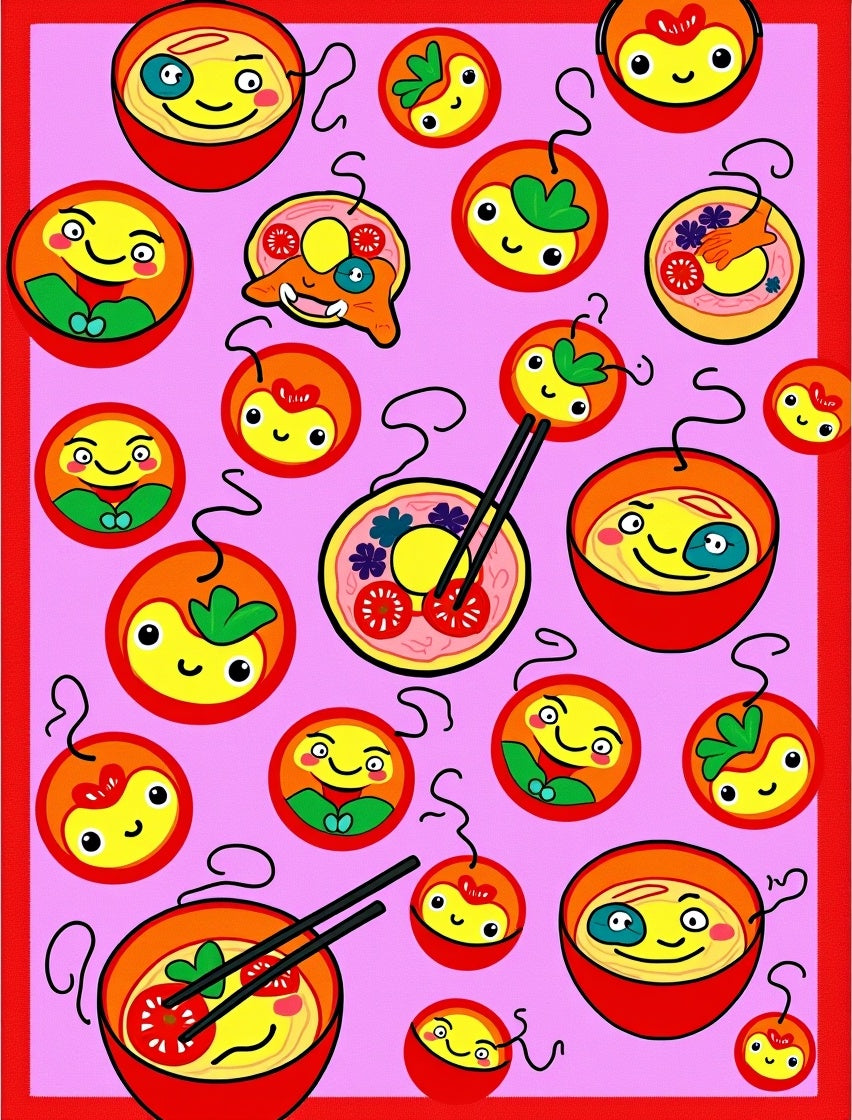 Kawaii Food Bowl Characters Pink Background Rug