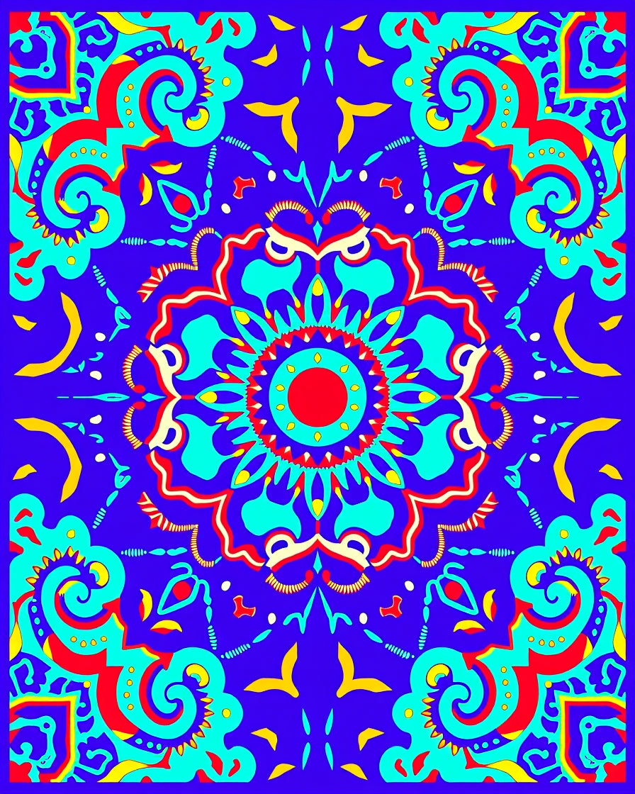 Vibrant Blue Red Turquoise Mandala Rug