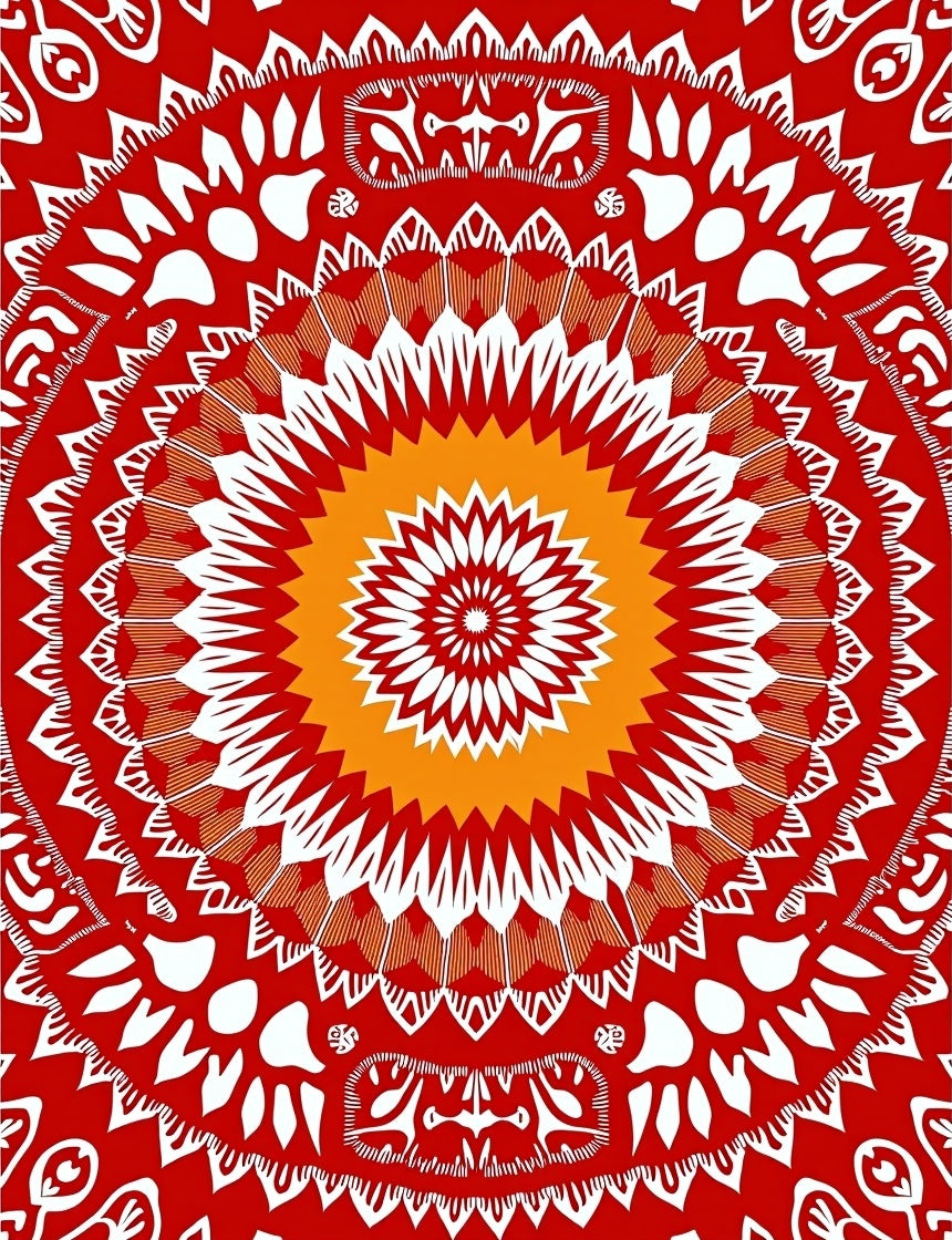 Vibrant Red Mandala Sunburst Focal Rug