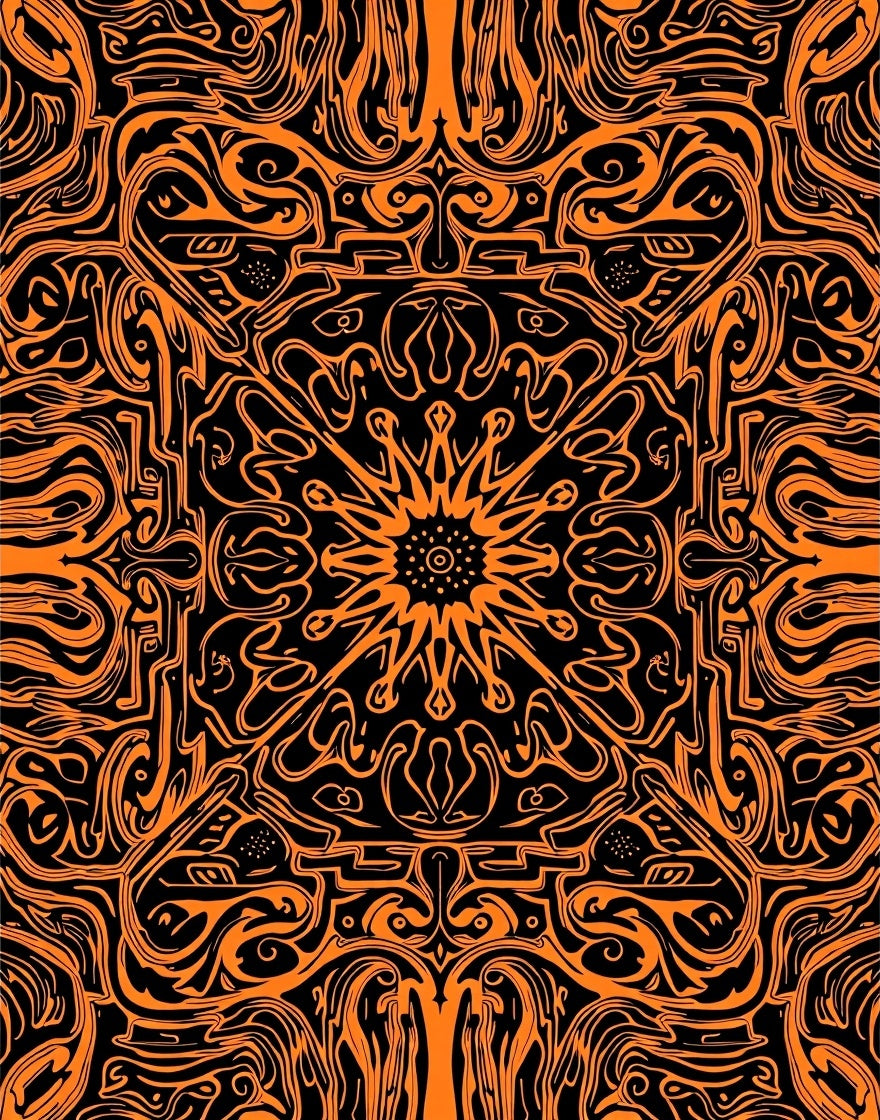 Vibrant Orange Black Abstract Mandala Rug