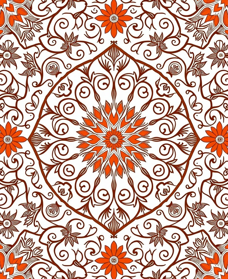Orange Floral Mandala Scrollwork Medallion Rug
