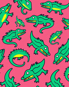 Green Alligator Whimsical Pink Background Rug