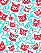 Whimsical Red Cat Turquoise Swirls Rug