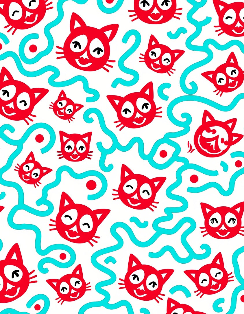 Whimsical Red Cat Turquoise Swirls Rug