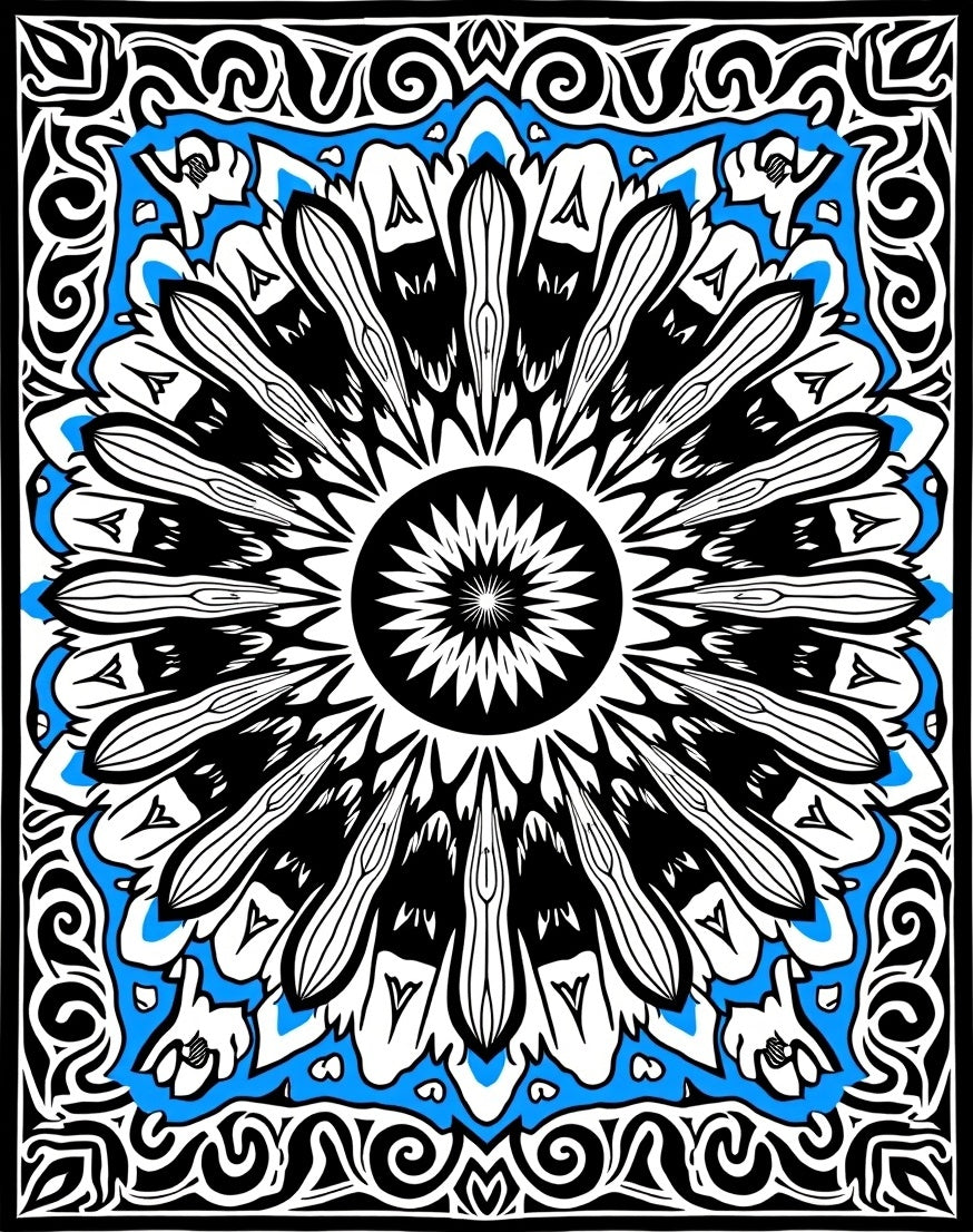 Black White Blue Sunburst Mandala Rug