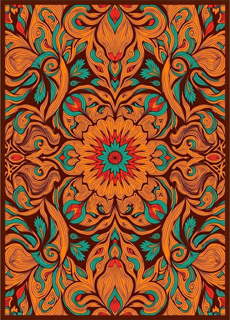 Orange Teal Floral Mandala Rug