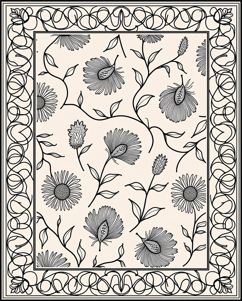 Monochrome Floral Vines Bordered Rug