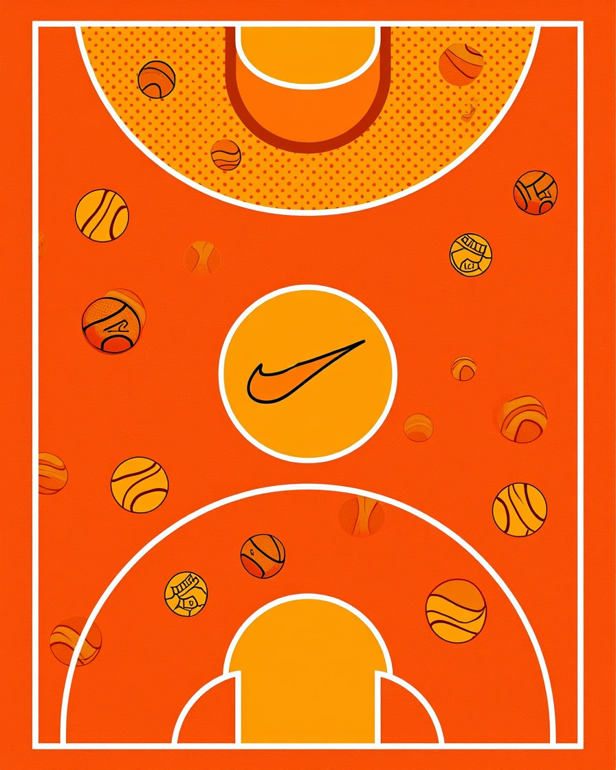 Orange Basketball Court Swoosh Balls Rug