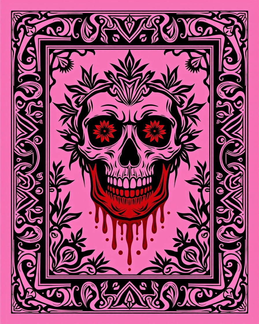 Pink Skull With Red Dripping Blood Border Rug