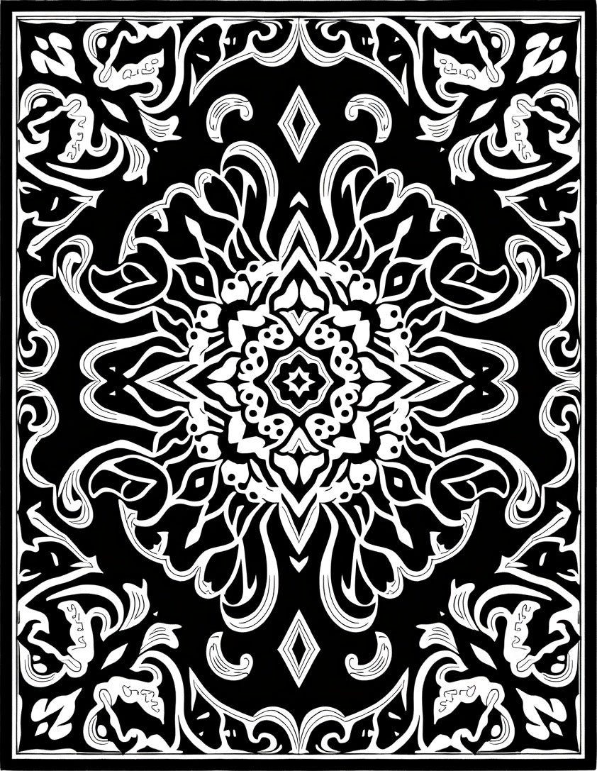 Monochromatic Black White Intricate Floral Medallion Rug