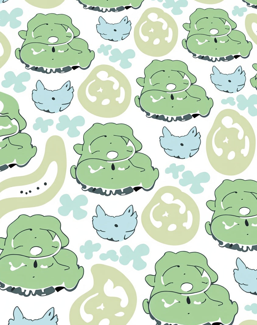 Whimsical Green Cloud Critter Collage Rug