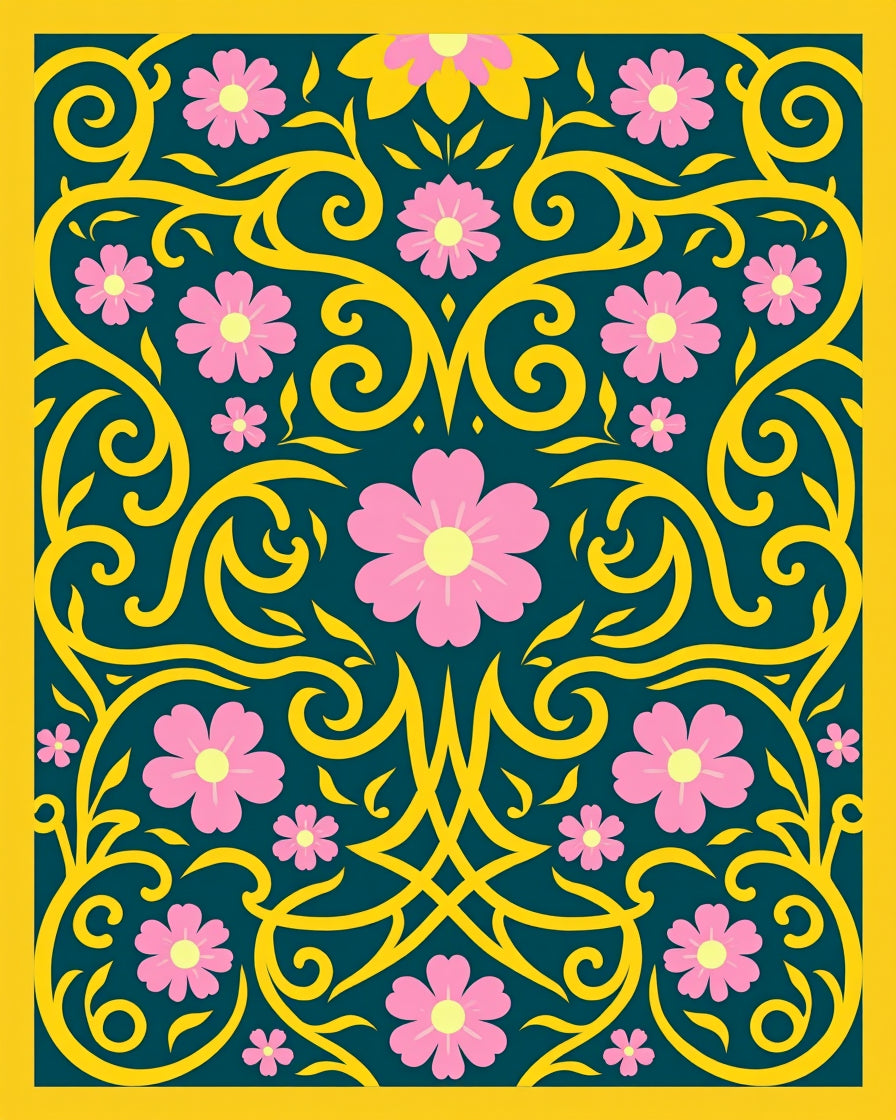 Golden Floral Scroll Work Rug