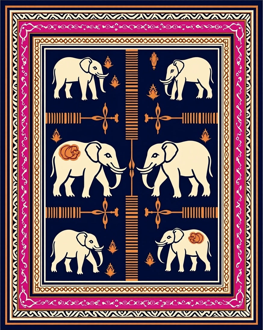 Cream Elephant Dark Navy Border Rug