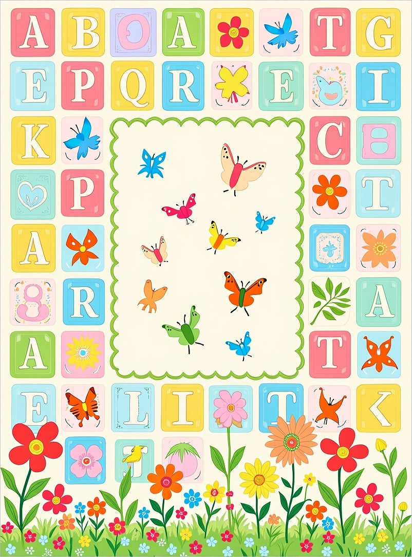 Whimsical Garden Butterflies Alphabet Blocks Rug