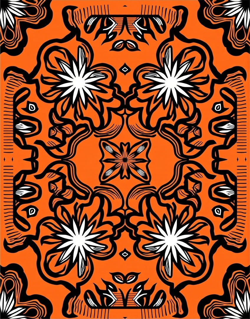 Orange Black White Floral Medallion Rug