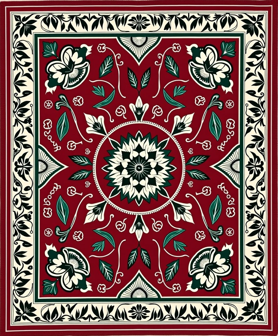 Deep Red Floral Vine Medallion Rug