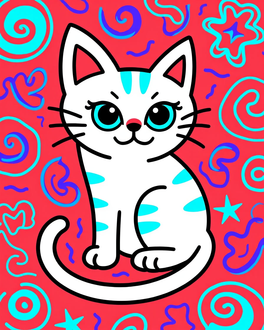 Playful White Cat Coral Swirls Rug