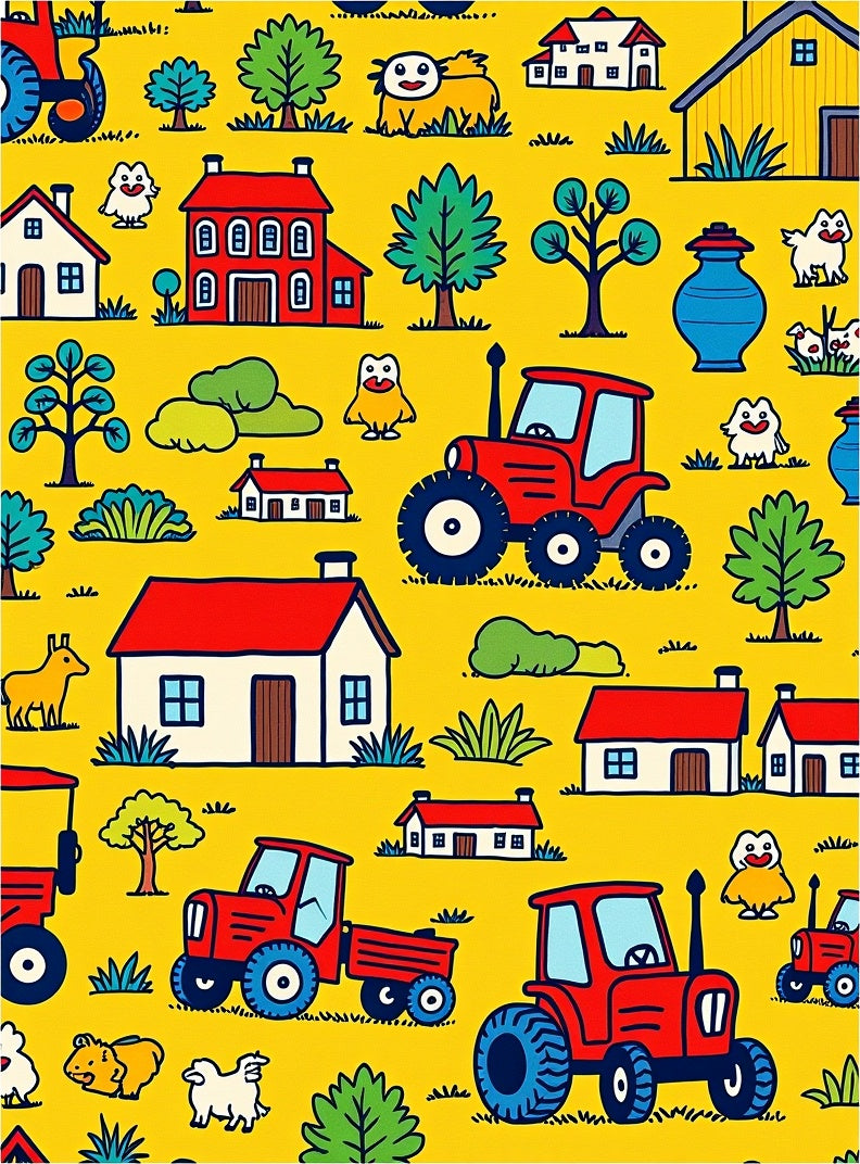Farmhouse Red Tractors Yellow Countryside Rug