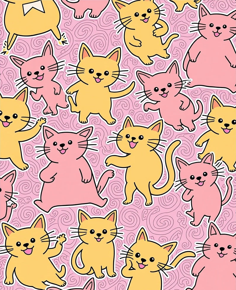 Pink Yellow Cheerful Kittens Swirl Rug