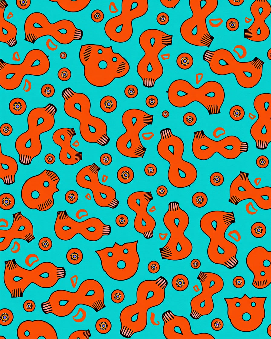 Aqua Orange Abstract Figure Medallion Collage Rug