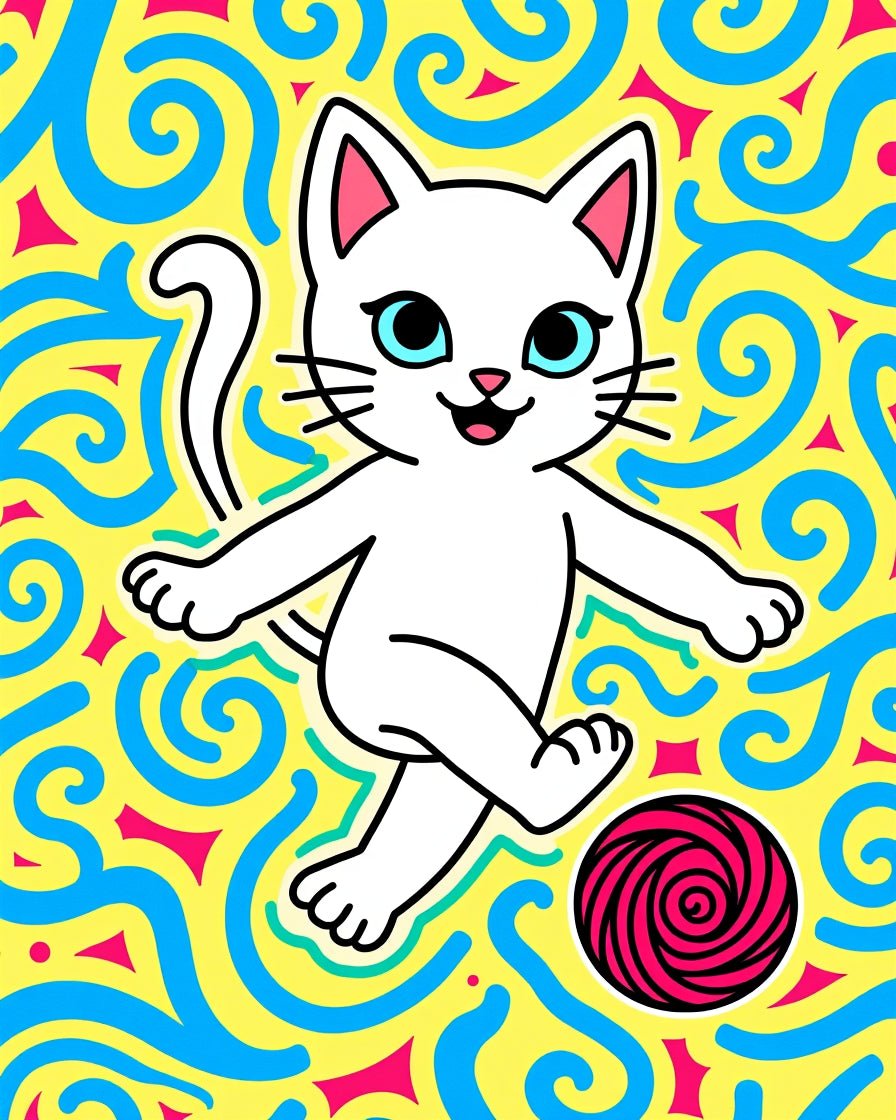 Whimsical White Cat Playful Swirls Rug