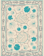 Teal Seashell Floral Abstract Border Rug