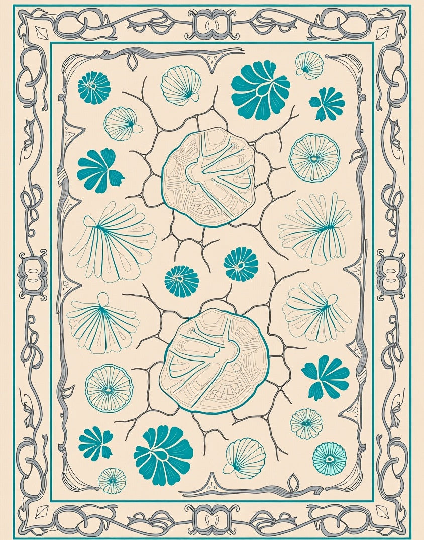 Teal Seashell Floral Abstract Border Rug