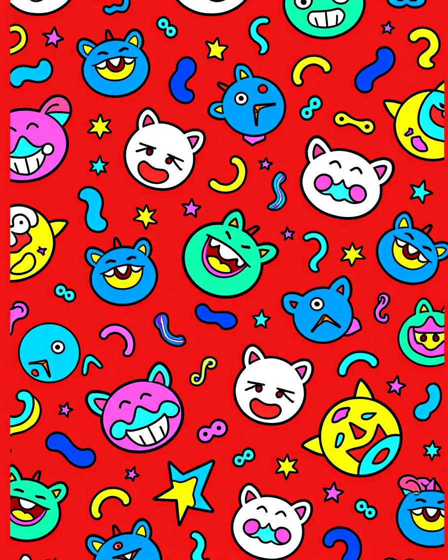 Bright Red Cheerful Monster Collage Rug