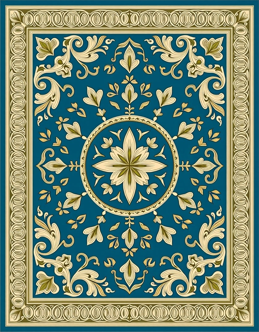 Teal Golden Floral Medallion Border Rug