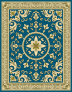 Teal Golden Floral Medallion Border Rug