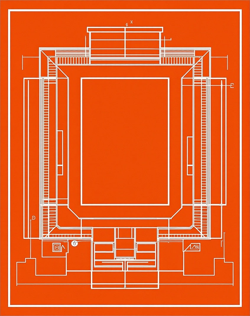 Orange White Blueprint Architectural Outline Rug