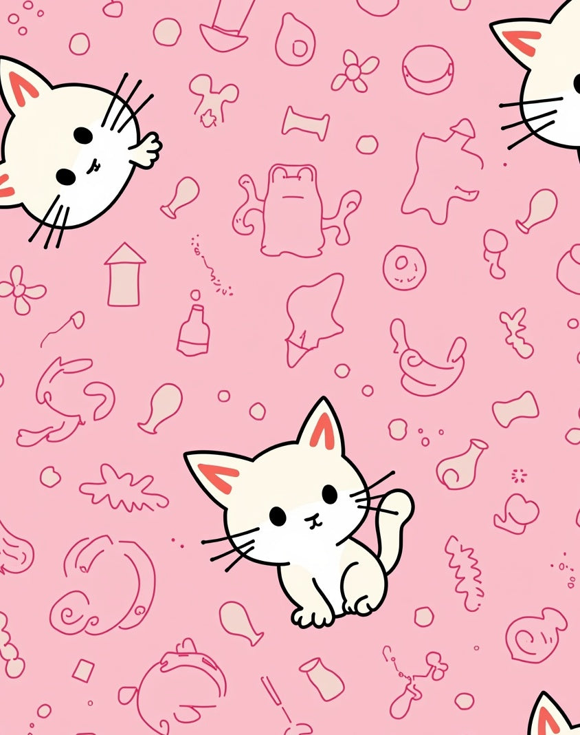 Cute Pink Kitten Scattered Line Art Rug