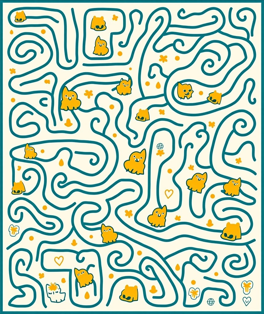 Teal Maze Yellow Whimsical Creatures Rug