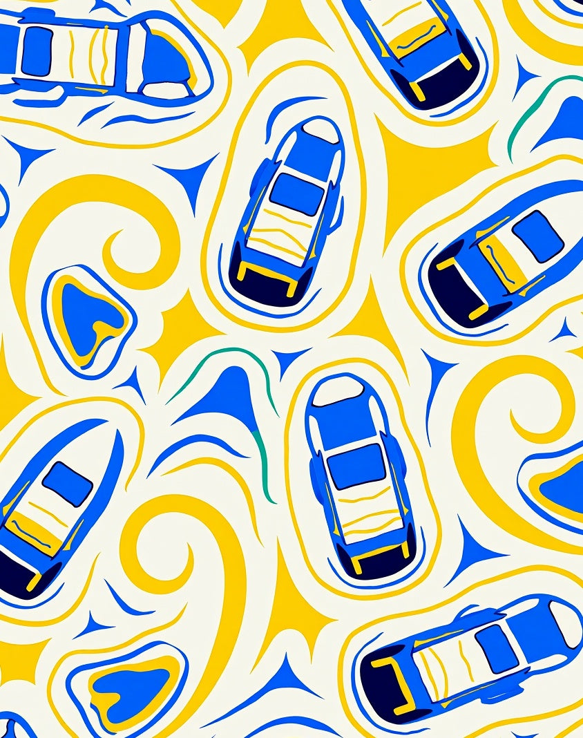 Blue Yellow Retro Car Swirl Rug